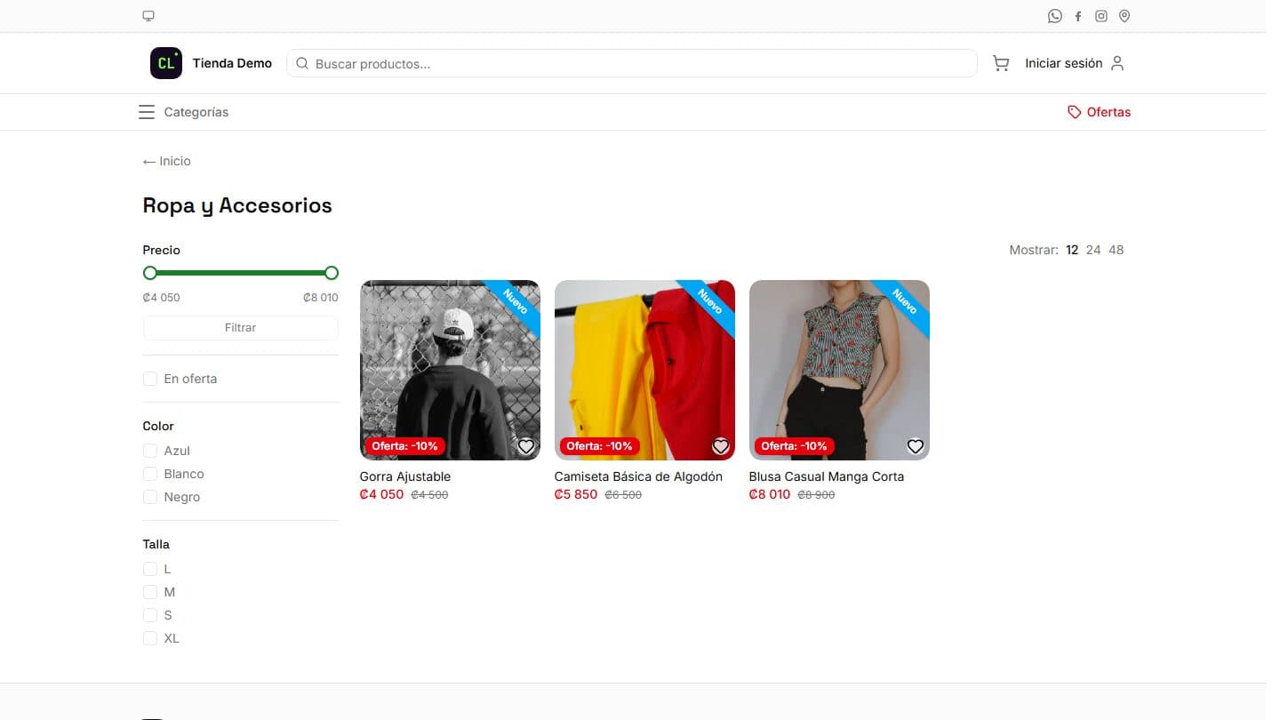 Tienda en línea de demostración hecha por Chale's Lab: categoría de ropa con filtros y precios en colones